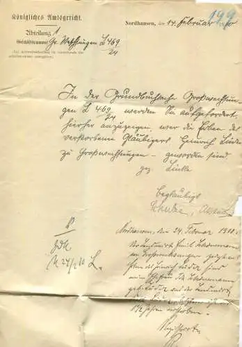 Deutschland - Nordhausen 1910 - Königliches Amtsgericht Abteilung 1 - Grundbuchsache