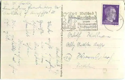 Karlsbad - Stadtturm und Marktbrunnen-Kolonnade - Foto-Ansichtskarte - Verlag A. Weber & Co. Stuttgart
