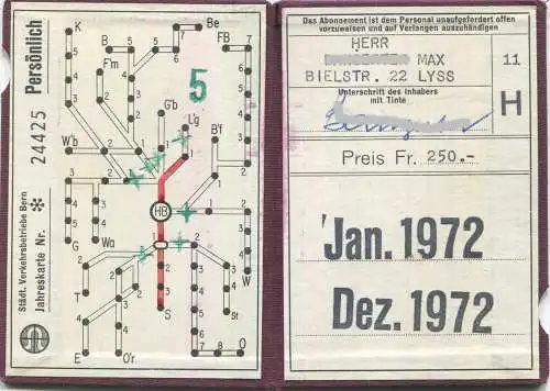 Schweiz - Städtische Verkehrsbetriebe Bern - Jahreskarte 1972