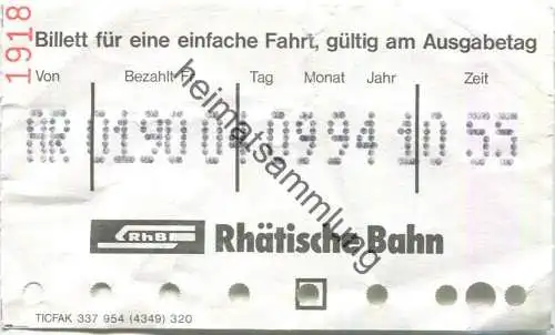 Schweiz - RhB - Rhätische Bahn - Billett für eine einfache Fahrt - Fahrkarte 1994