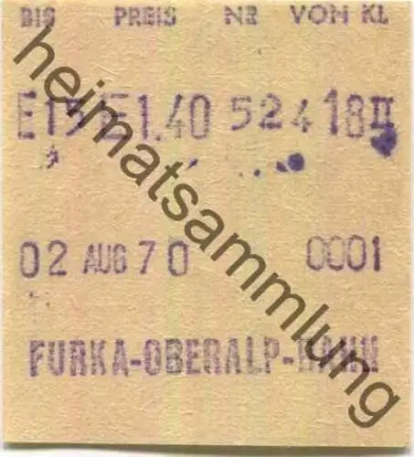 Schweiz - Furka-Oberalp-Bahn - Fahrschein 1970