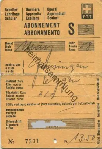 Schweiz - PTT - Abonnement - Gansingen Etzgen - Fahrkarte 1958