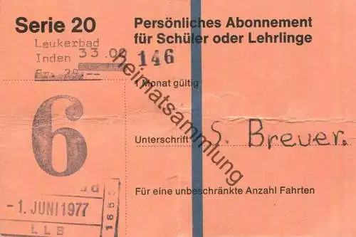 Schweiz - Leukerbad Inden - LLB - Schüler- oder Lehrlings Abonnement - Monatskarte Fahrkarte 1977