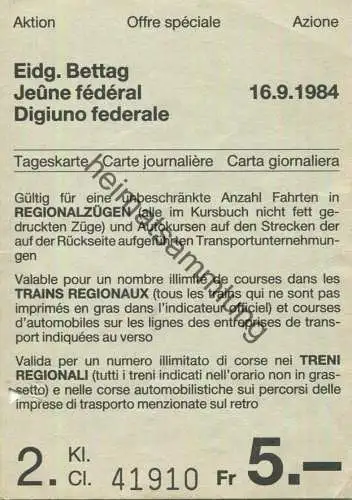 Schweiz - Eidgenössischer Bettag - Tageskarte - Fahrschein 1984