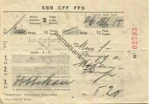 Schweiz - Laufenburg nach Dottikon via Stein-Säckingen Brugg oder Koblenz Turgi - Fahrschein 3. Klasse 1955