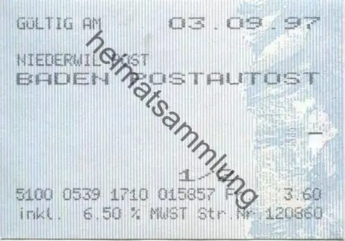 Schweiz - Postauto - Niederwil Post Baden Postautostation - Fahrkarte 1997