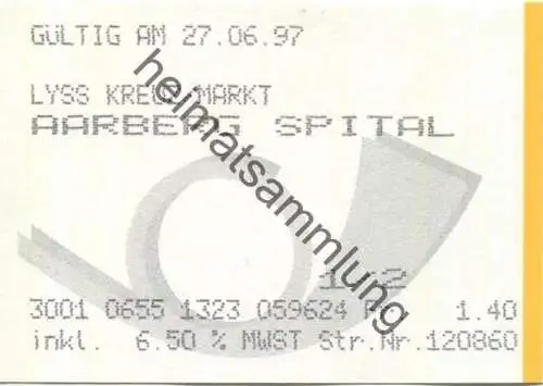 Schweiz - Postauto - Lyss Kreuz Aarberg Spital - Fahrkarte 1997