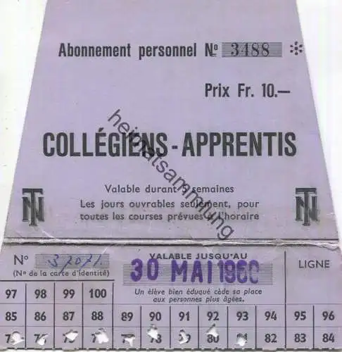 Schweiz - TN Neuchâtel et environs - Collegiens-Apprentis - Lehrlingsabonnement Monatskarte - Fahrkarte 1960