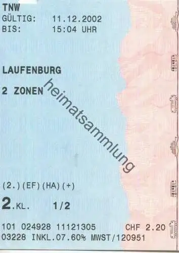 Schweiz - TNW Tarifverbund Nordwestschweiz - 2 Zonen Fahrkarte 2002