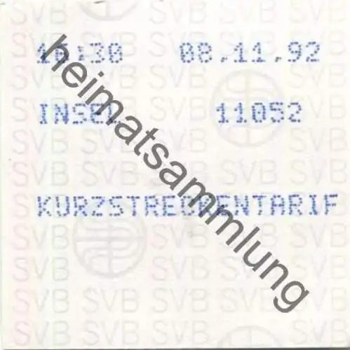 Schweiz - SVB Städtische Verkehrsbetriebe Bern - Insel - Kurzstreckentarif - Fahrkarte 1992