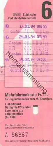 Schweiz - SVB Städtische Verkehrsbetriebe Bern - Mehrfahrtenkarte Jugendliche bis 25 Jahre - Fahrkarte 1994