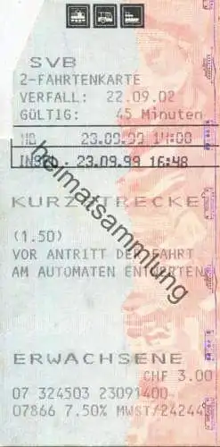 Schweiz - SVB Städtische Verkehrsbetriebe Bern - 2-Fahrtenkarte - Kurzstrecke Erwachsene - Fahrkarte 1999