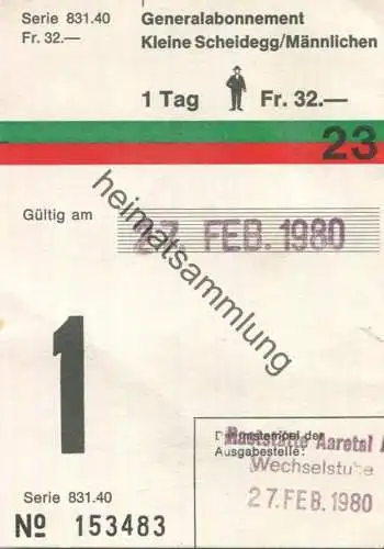 Schweiz - Kleine Scheidegg - Männlichen - Generalabonnement - Tageskarte - Fahrkarte 1980