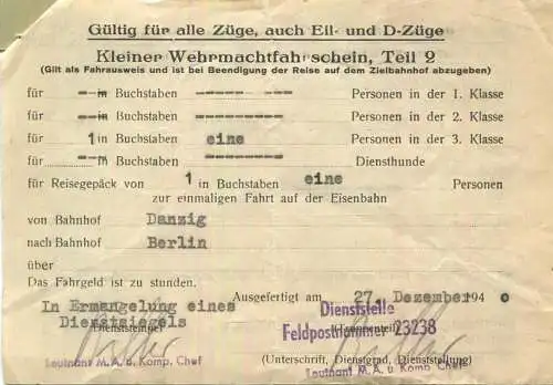 Deutschland - Kleiner Wehrmachtfahrschein Teil 2 1940 - Danzig Berlin - Arbeitsurlaubsreise