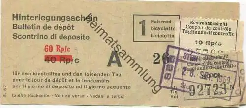 Schweiz - Hinterlegungsschein 1969 - 1 Fahrrad für den Einstelltag und den folgenden Tag
