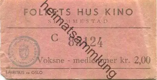 Norwegen - Slemmestad - Folkets Hus Kino - Eintrittskarte