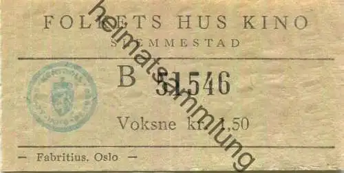 Norwegen - Slemmestad - Folkets Hus Kino - Eintrittskarte
