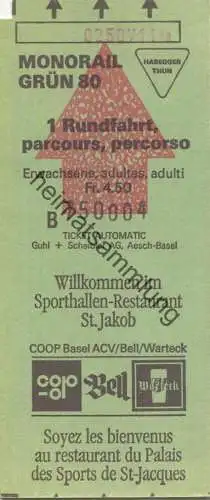 Schweiz - Basel - Monorail Grün 80 - 1 Rundfahrt - Erwachsene Fahrkarte - Ticket Fr. 4.50