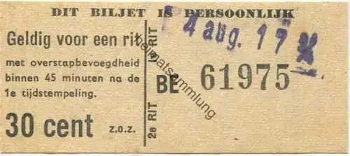 Niederlande - Biljet Gelding voor een rit - M. V. Gemengd bedrijf H. T. M. 'S-Gravenhage - Fahrschein