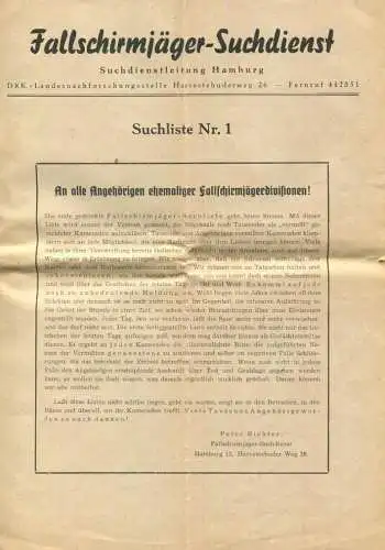 Deutschland - Fallschirmjäger-Suchdienst - Suchdienstleitung Hamburg - Suchliste Nr. 1 - 12 Seiten DINA4 gefaltet