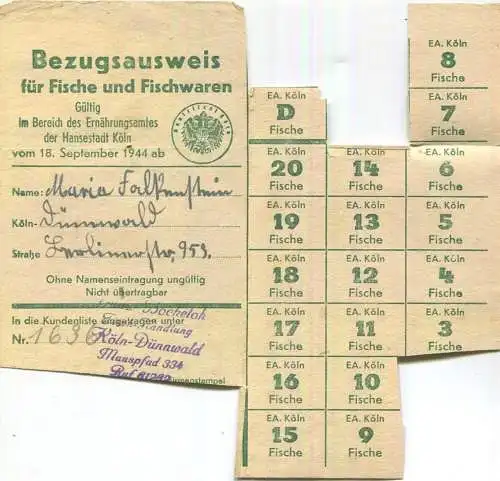 Deutschland - Hansestadt Köln - Bezugsausweis für Fische und Fischwaren ab September 1944