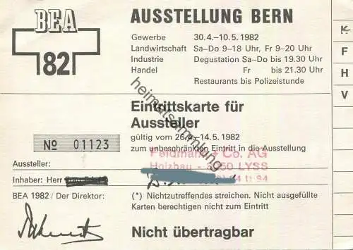 Schweiz - BEA 82 Ausstellung Bern - Eintrittskarte für Aussteller