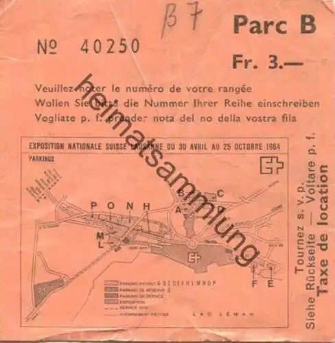 Schweiz - Lausanne EXPO 64 - Parkplatzgebühr Fr. 3.- - Parkschein