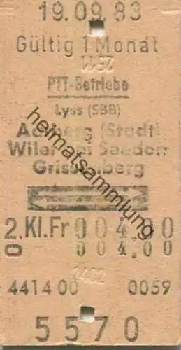 Schweiz - PTT-Betriebe - Lyss (SBB) Aarberg (Stadt) Wiler bei Seedorf Grissenberg retour - Fahrkarte 1983