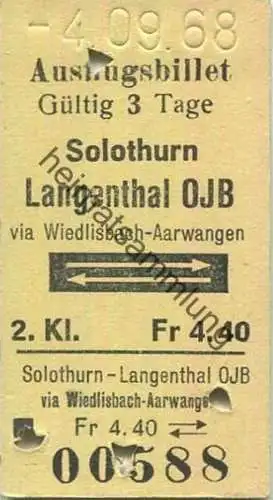 Schweiz - Ausflugsbillet - Solothurn Langenthal OJB via Wiedlisbach-Arwangen - Fahrkarte 1968