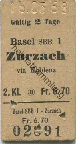 Schweiz - Basel SBB Zurzach via Koblenz - Fahrkarte 2. Klasse 1958