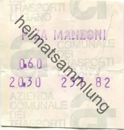 Schweiz - Comunale dei trasporti Lugano - Fahrschein Biglietto - abgestempelt am Piazza Manzoni