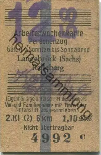 Deutschland - Arbeiterwochenkarte Personenzug - Langebrück (Sachsen) Radeberg - Fahrkarte 2. Klasse 1958