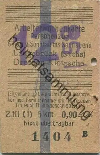 Deutschland - Arbeiterwochenkarte Personenzug - Langebrück (Sachsen) Dresden-Klotzsche - Fahrkarte 2. Klasse 1958
