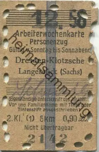 Deutschland - Arbeiterwochenkarte Personenzug - Dresden-Klotzsche Langebrück (Sachsen) - Fahrkarte 2. Klasse 1958