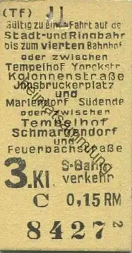 Deutschland - Berlin - Gültig zu einer Fahrt auf der Stadt- und Ringbahn bis zum vierten Bahnhof oder zwischen Tempelhof