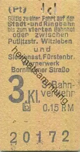 Deutschland - Berlin - Gültig zu einer Fahrt auf der Stadt- und Ringbahn bis zum vierten Bahnhof oder zwischen Putlitzst