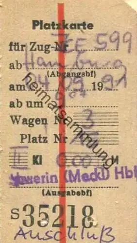 Deutschland - Platzkarte ab Hamburg ICE 599 - Ausgabebahnhof Leipzig - Anschlusskarte