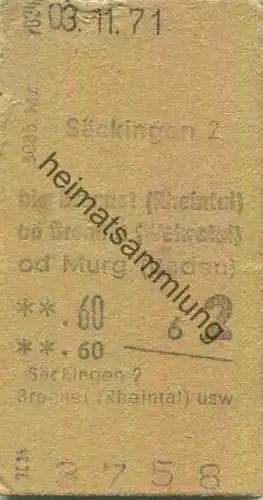 Deutschland - Säckingen bis Brennet (Rheintal) oder Brennet (Wehratal) oder Murg (Baden) - Fahrkarte 1966