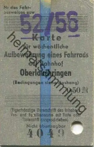 Deutschland - Karte für wöchentliche Aufbewahrung eines Fahrrads auf Bahnhof Oberlauchringen 1956