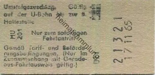Deutschland - Hamburg - HHA - Hamburger Hochbahn AG - Umsteigezuschlag auf der U-Bahn bis zur 5. Haltestelle - Fahrkarte