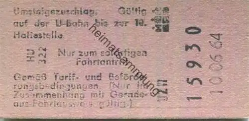 Deutschland - Hamburg - HHA - Hamburger Hochbahn AG - Umsteigezuschlag auf der U-Bahn bis zur 10. Haltestelle - Fahrkart