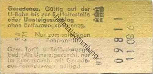 Deutschland - Hamburg - HHA - Hamburger Hochbahn AG - Geradeaus bis zur 5. Haltestelle oder Umsteigezuschlag - Fahrkarte