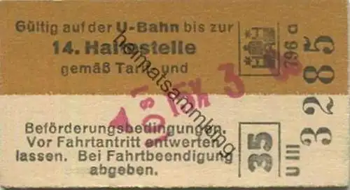 Deutschland - Hamburg - HHA - Hamburger Hochbahn AG - Gültig auf der U-Bahn bis zur 14. Haltestelle - Fahrkarte