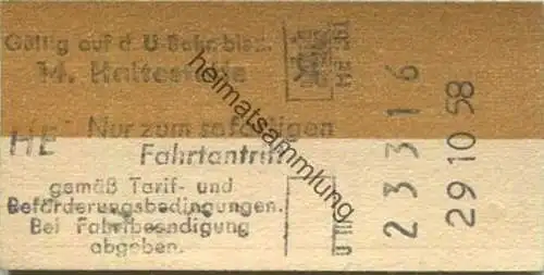 Deutschland - Hamburg - HHA - Hamburger Hochbahn AG - Gültig auf der U-Bahn bis zur 14. Haltestelle - Fahrkarte 1958