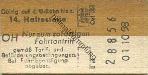 Deutschland - Hamburg - HHA - Hamburger Hochbahn AG - Gültig auf der U-Bahn bis zur 14. Haltestelle - Fahrkarte 1958