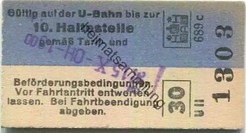Deutschland - Hamburg - HHA - Hamburger Hochbahn AG - Gültig auf der U-Bahn bis zur 10. Haltestelle - Fahrkarte