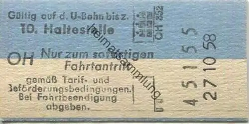 Deutschland - Hamburg - HHA - Hamburger Hochbahn AG - Gültig auf der U-Bahn bis zur 10. Haltestelle - Fahrkarte 1958