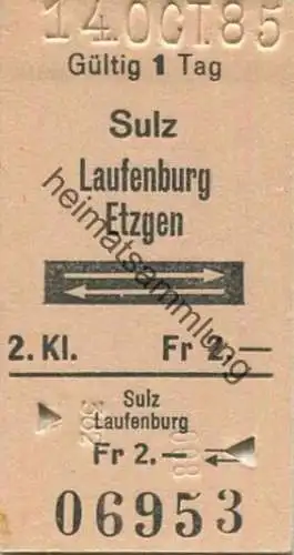 Schweiz - Sulz Laufenburg Etzgen retour - Fahrkarte 1985