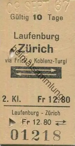 Schweiz - Laufenburg Zürich via Frick oder Koblenz-Turgi retour - Fahrkarte 1967