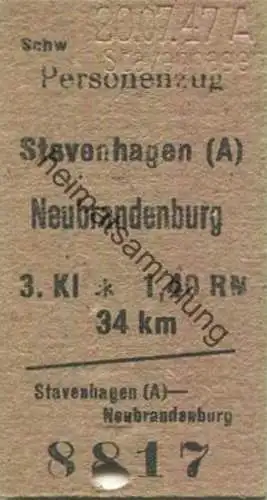 Deutschland - Stavenhagen Neubrandenburg - Fahrkarte 3. Klasse 1947 1,40 RM